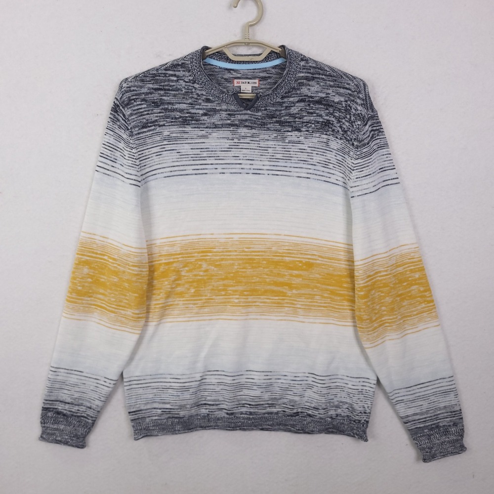 32 Bar Blues Sweater Mens Large White Yellow Striped Notch Neck Cotton Blend